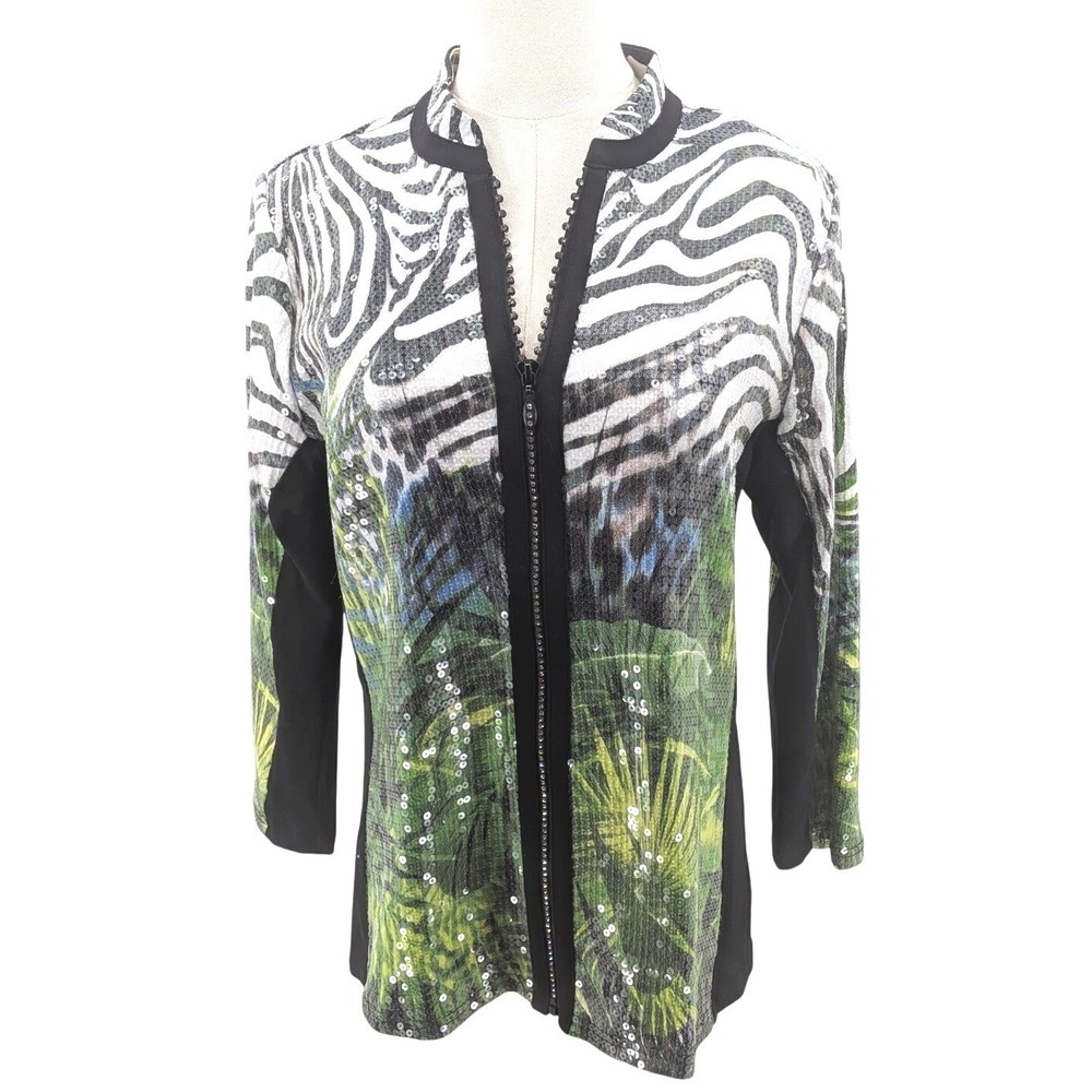 Berek Zebra Tropical Sequin Zip Jacket Rhinestone Zipper Trim Cotton Stretch M